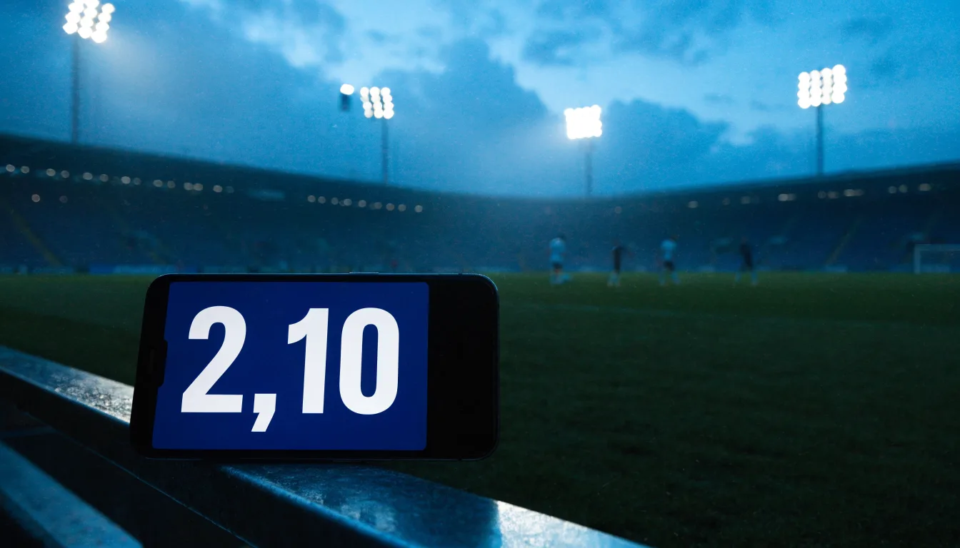 Ein Fußballplatz mit Flutlichtmasten in der Abenddämmerung, aus der Ferne gesehen, leere Tribünen und nasser Rasen unter bewölktem Himmel.