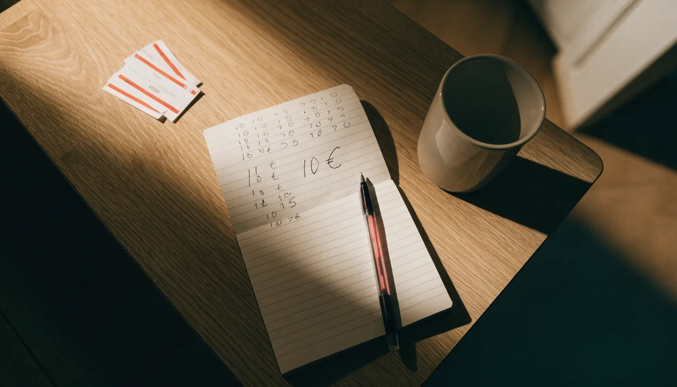 Ein Taschenrechner und ein Blatt Papier mit handschriftlichen Notizen liegen auf einem Schreibtisch unter dem warmen Licht einer Lampe.