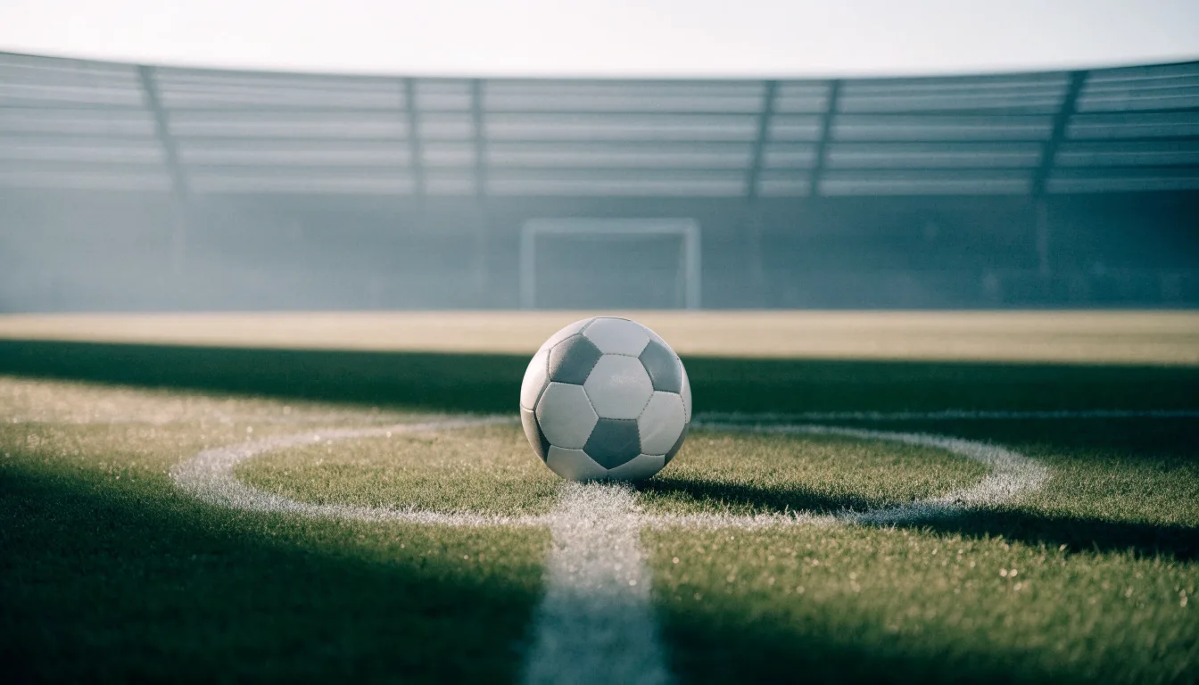 Ein Fußball liegt auf dem Elfmeterpunkt eines leeren Rasenplatzes, im Hintergrund eine Tribüne im Dunst.
