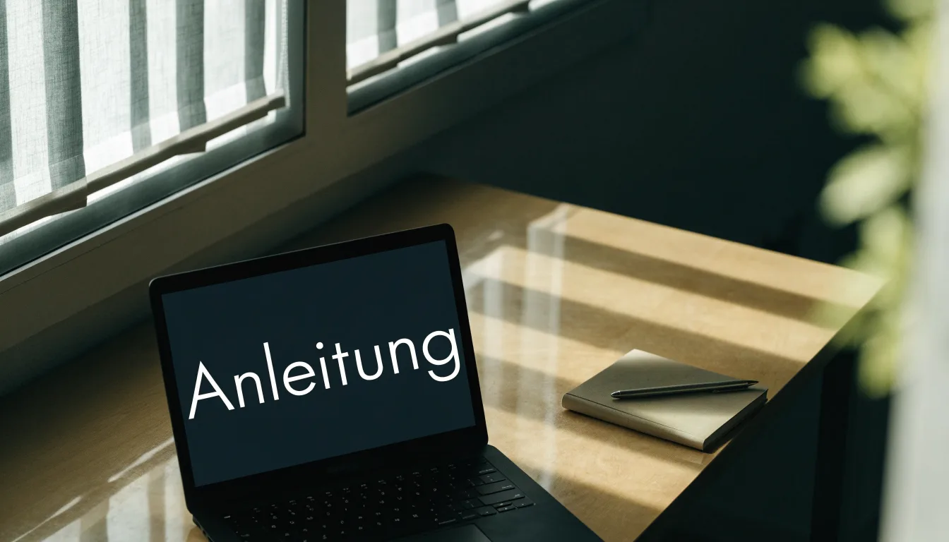 Eine Waage aus Messing und ein geschlossener Aktenordner ohne Beschriftung stehen auf einem polierten Schreibtisch vor einem Fenster.