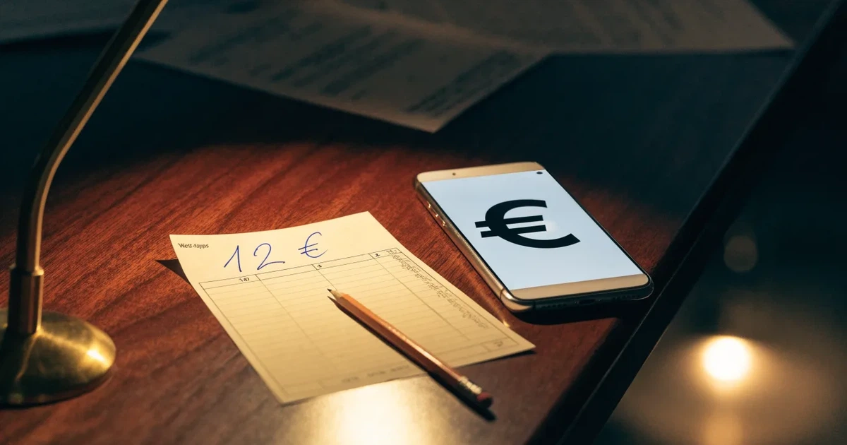 Ein leerer Wettschein aus Papier liegt neben einem Stapel Euro-Münzen auf einem dunklen Holztisch, seitlich von einer Schreibtischlampe beleuchtet.