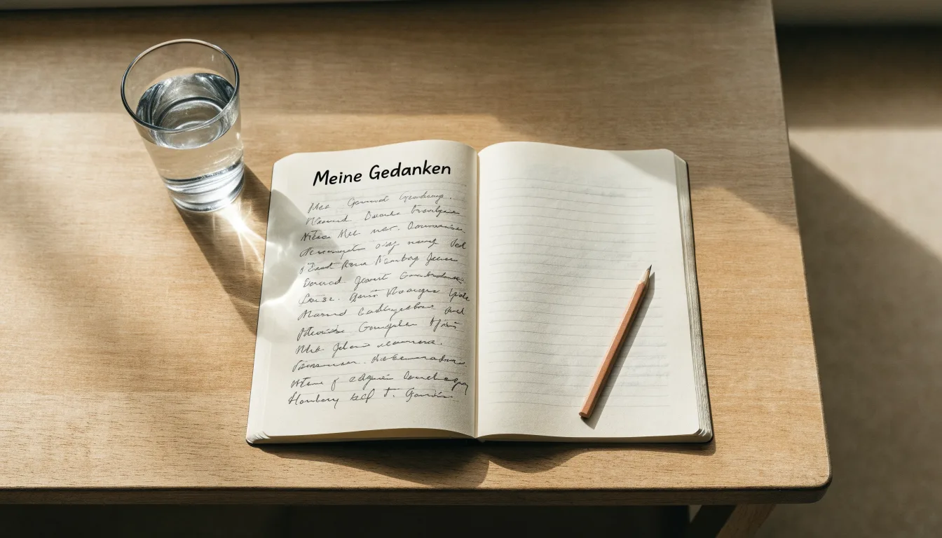 Ein aufgeschlagenes Heft mit handschriftlichen Notizen und ein Bleistift liegen auf einem Schreibtisch, daneben ein Glas Wasser.