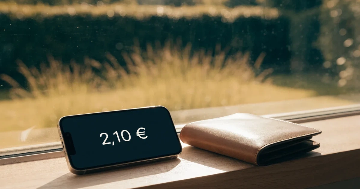 Eine Geldbörse aus Leder liegt geöffnet neben einem Smartphone auf einer Fensterbank, im Hintergrund ein Garten im Gegenlicht.