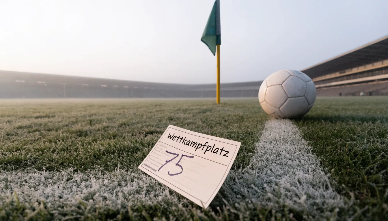 Der Rand eines Spielfelds mit weißer Linie und Eckfahne bei Nebel am frühen Morgen, ohne Menschen.