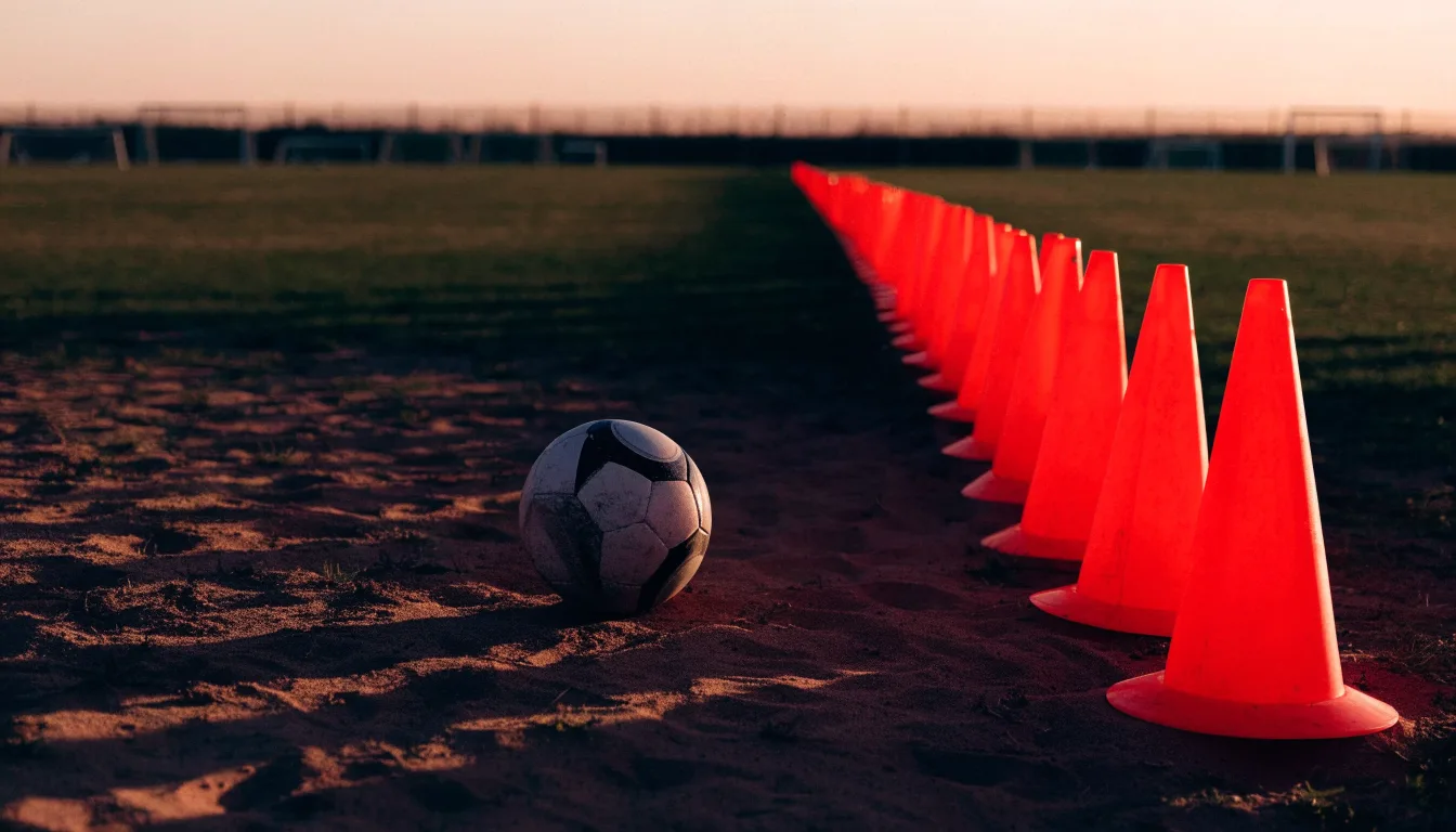 Ein Fußball auf rotem Sandboden neben einer Reihe Hütchen auf einem Trainingsplatz bei untergehender Sonne.