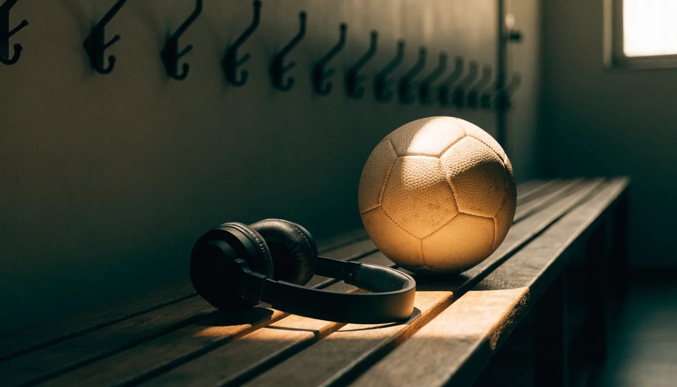 Ein Fußball liegt neben Kopfhörern auf einer Holzbank in einer Umkleide, Licht fällt durch ein schmales Fenster.