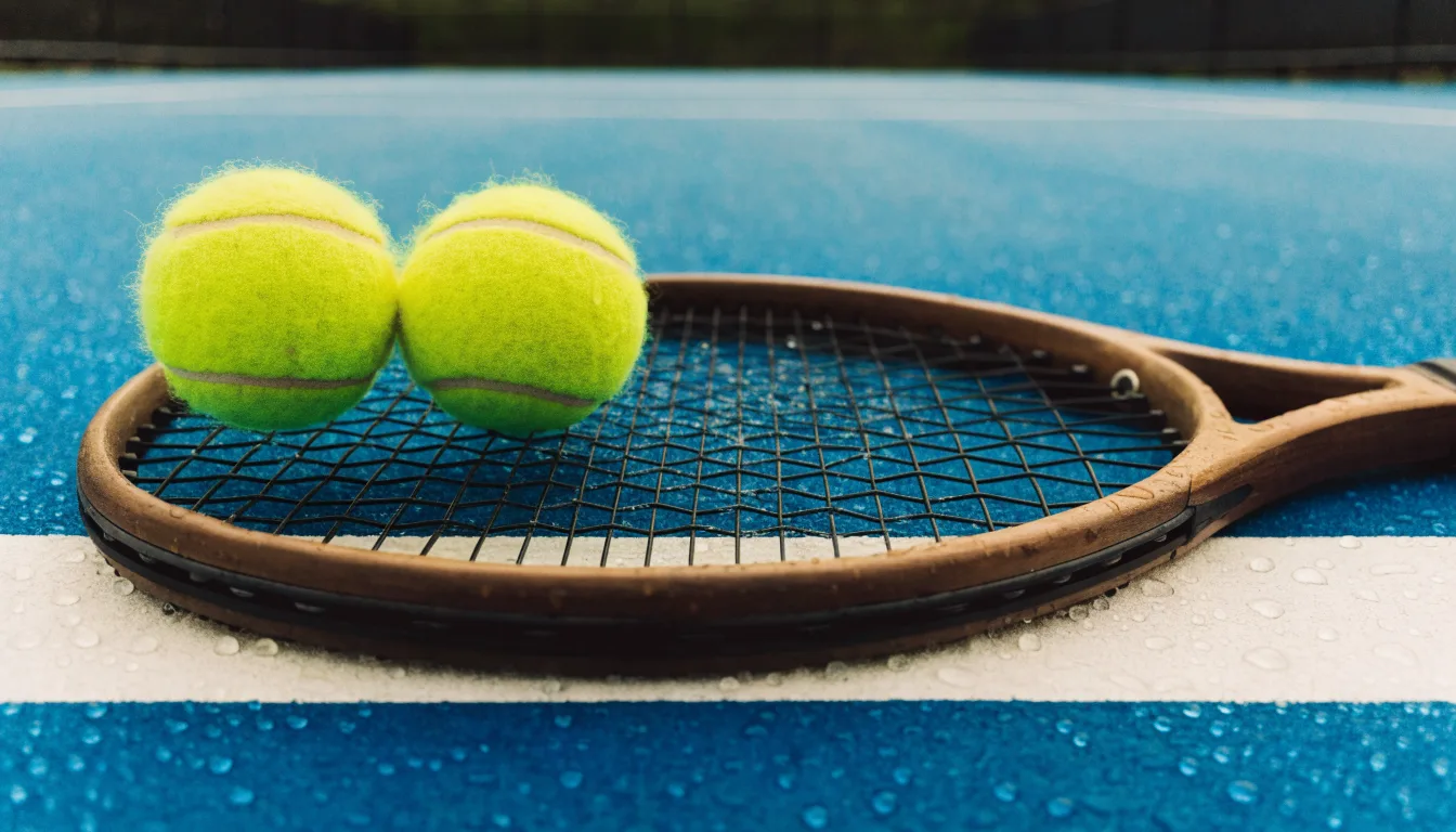 Zwei Tennisbälle und ein Schläger liegen auf der Grundlinie eines Hartplatzes, kleine Wassertropfen glänzen auf dem Belag.
