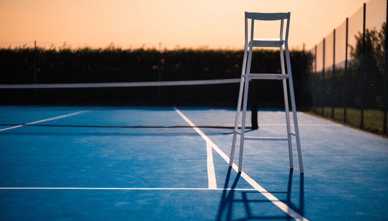 Ein leerer Schiedsrichterstuhl am Spielfeldrand eines Tennisplatzes im Abendlicht, lange Schatten auf dem Belag.