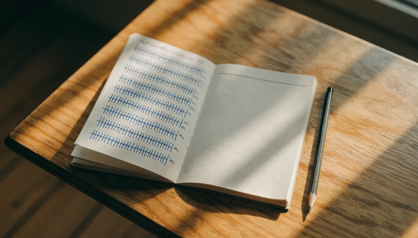Ein handschriftlich geführtes Heft mit Strichlisten liegt neben einem Bleistift auf einem Tisch, seitlich fällt Tageslicht herein.