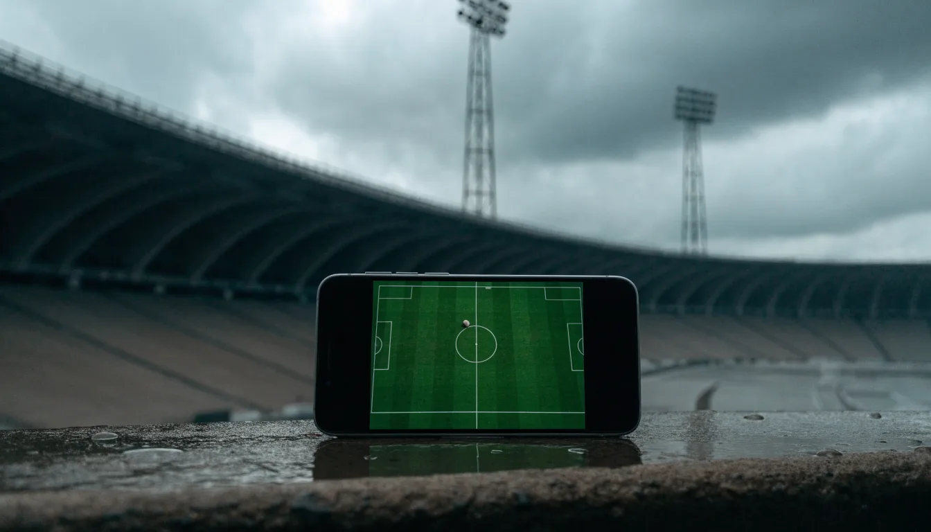 Ein leeres Stadion von außen, hohe Flutlichtmasten vor einem grauen Himmel mit Regenwolken.