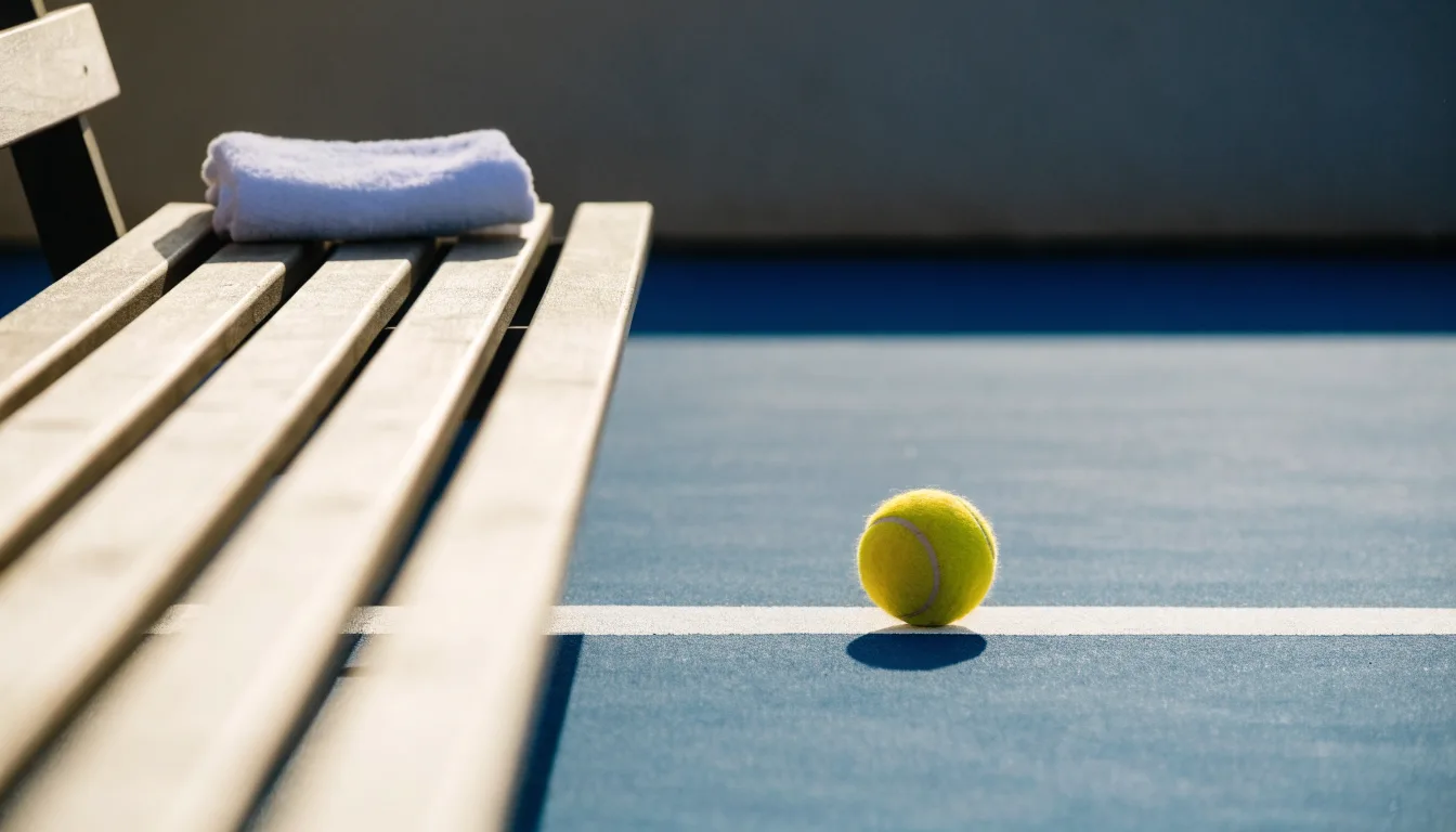 Ein gelber Tennisball liegt auf einer weißen Linie, daneben ein Handtuch auf einer Bank am Spielfeldrand.