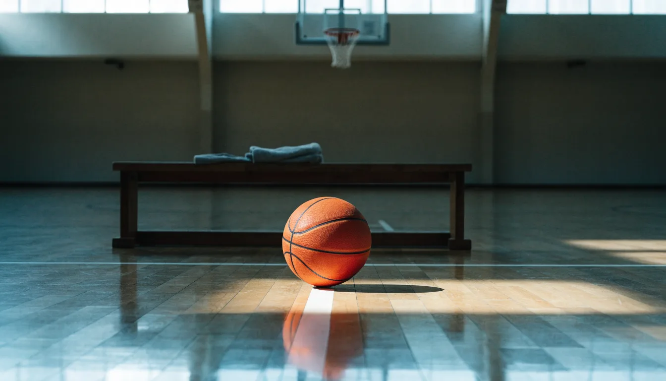 Ein Basketball liegt auf der Freiwurflinie einer Halle, im Vordergrund ein Handtuch auf einer Bank.