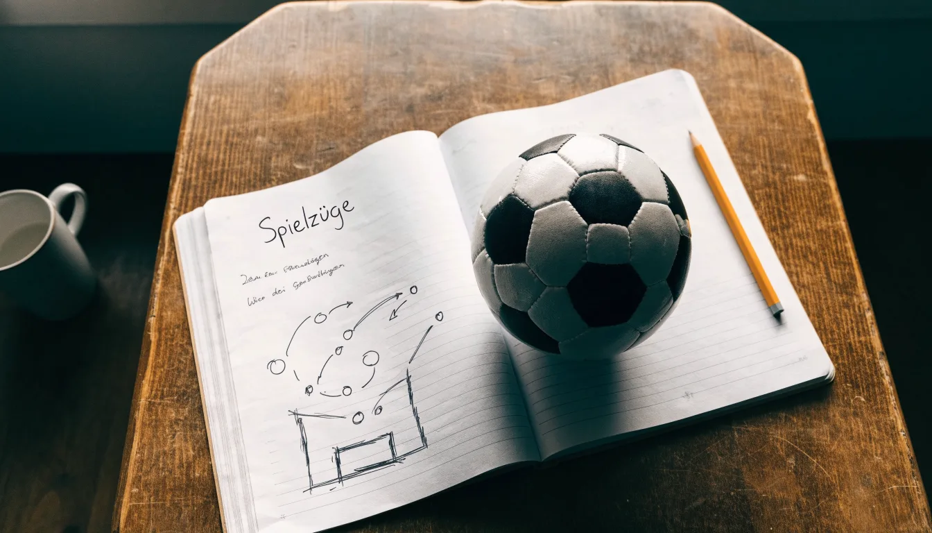 Ein Fußball liegt auf einem Notizbuch mit handgezeichneten Skizzen von Spielzügen, aufgenommen von oben auf einem Holztisch.