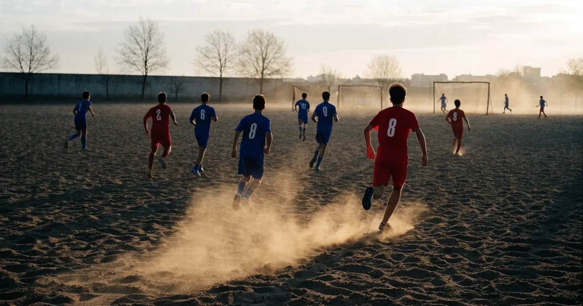 Ein sandiger Fußballplatz am Rand einer Stadt in warmem Abendlicht, Staub in der Luft und zwei Tore in der Ferne.