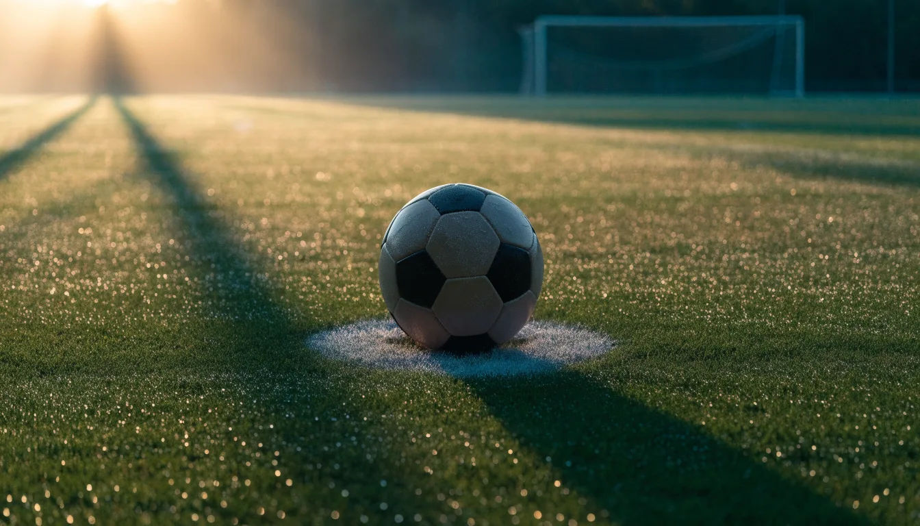 Ein Fußball liegt auf dem Anstoßpunkt eines Rasens bei Sonnenaufgang, Tau glitzert auf den Halmen.