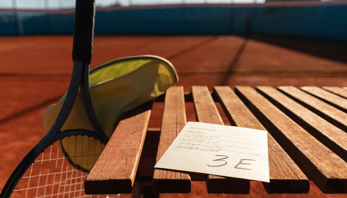 Ein Tennisschläger lehnt an einer Bank neben einer Sporttasche, im Hintergrund ein leerer Platz.