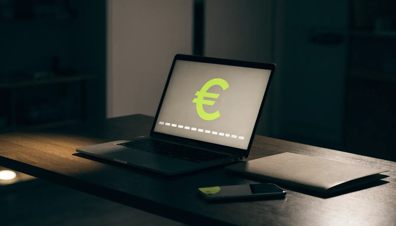 Eine Waage aus Messing und ein geschlossener Ordner ohne Beschriftung stehen neben einer Tischlampe auf einem Schreibtisch.