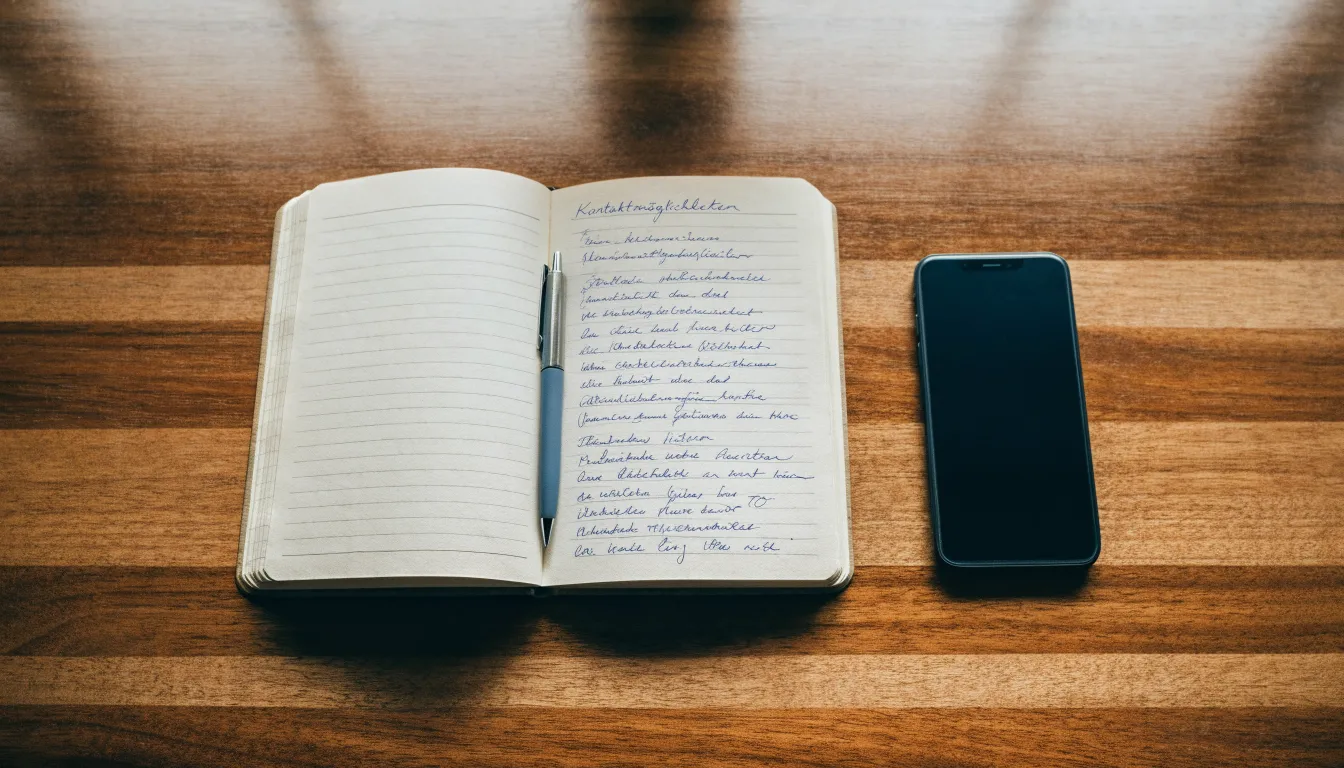 Ein Notizbuch mit handschriftlichen Notizen und ein Kugelschreiber liegen neben einem Smartphone mit dunklem Display auf einem Holztisch.
