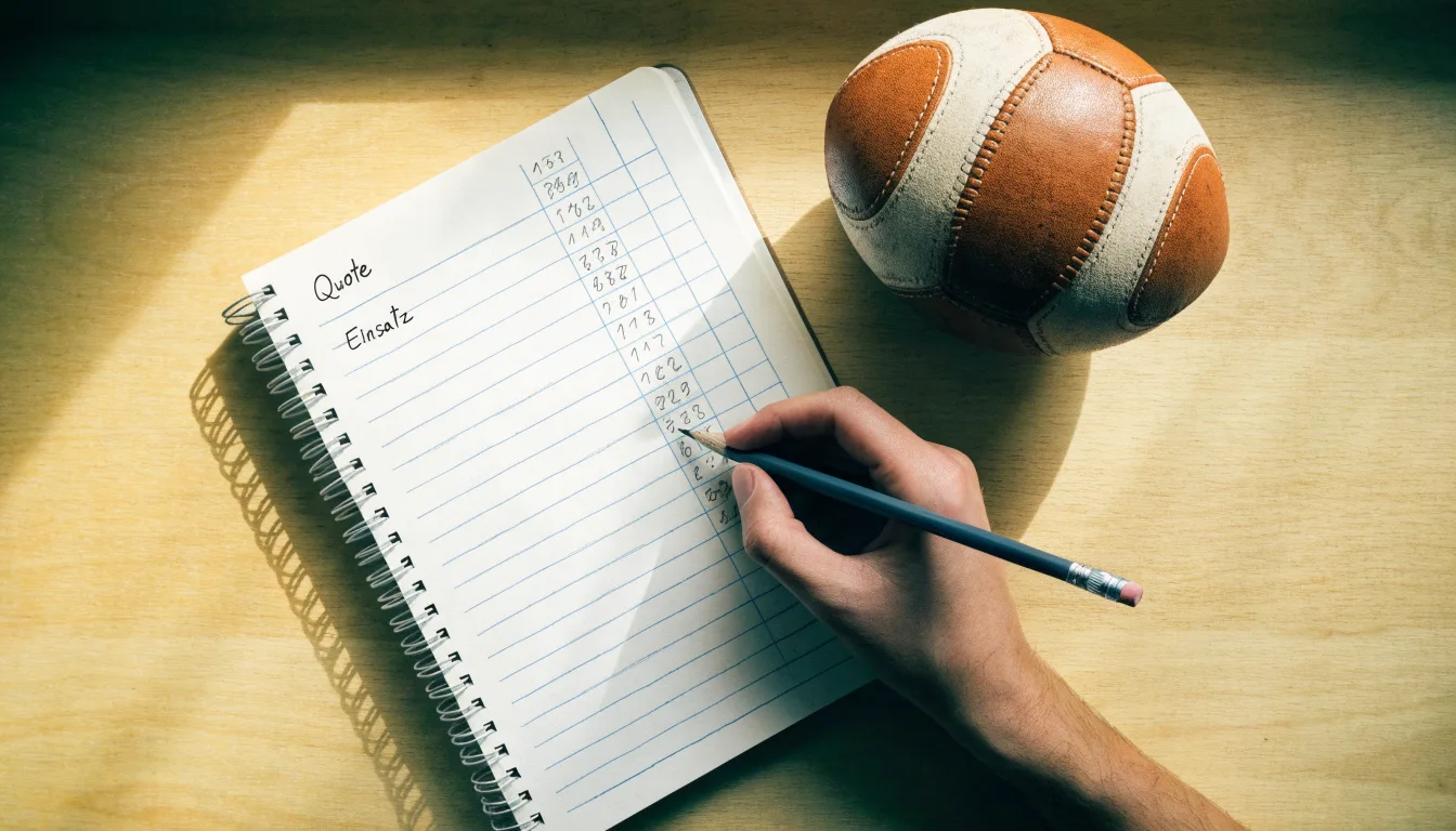 Eine Hand notiert mit Bleistift Zahlen in ein kariertes Heft, daneben liegt ein kleiner Lederfußball auf einer Holzplatte.