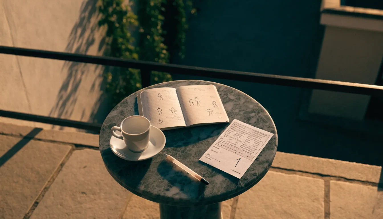 Eine Espressotasse steht auf einem kleinen Marmortisch einer Terrasse, daneben ein Notizheft mit handschriftlichen Skizzen.