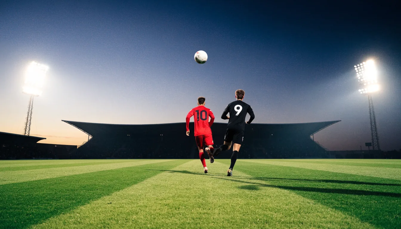 Eine leere Stadiontribüne unter Flutlicht aus der Ferne betrachtet, die Rasenfläche leuchtet grün in der Dämmerung.