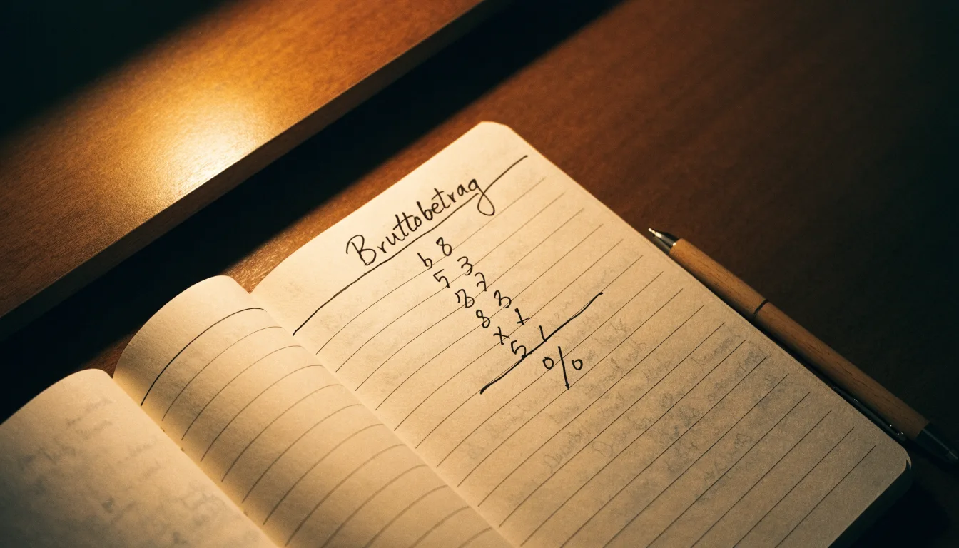 Ein Notizbuch mit handschriftlichen Rechnungen und ein Taschenrechner liegen auf einem aufgeräumten Schreibtisch in warmem Licht.