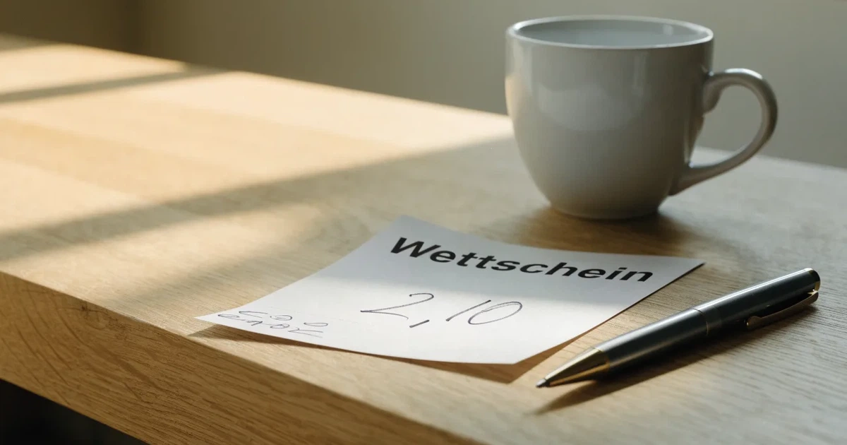 Ein leerer Papier-Wettschein liegt neben einem Kugelschreiber und einer Kaffeetasse auf einem hellen Holztisch, Tageslicht von links.
