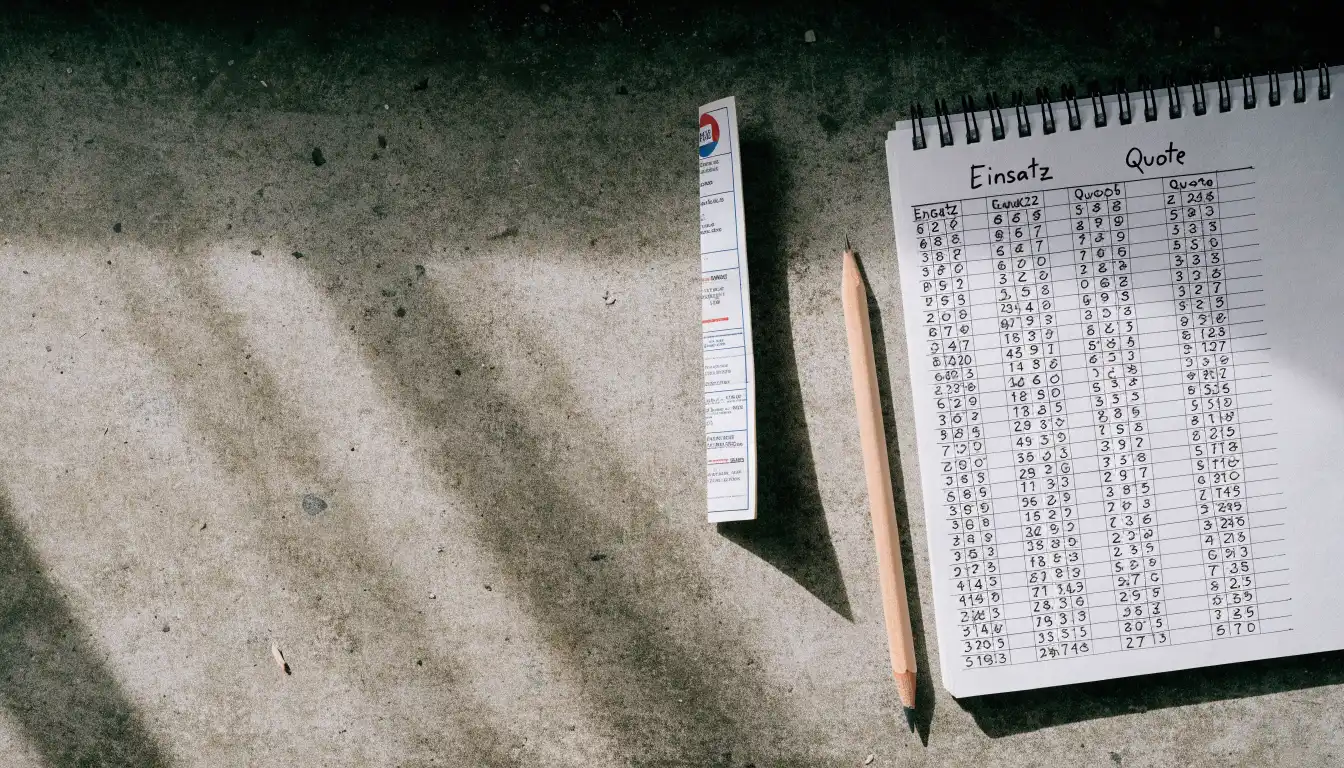 Ein Taschenrechner, ein Bleistift und ein Block mit handschriftlichen Zahlenreihen liegen auf einer grauen Arbeitsfläche.