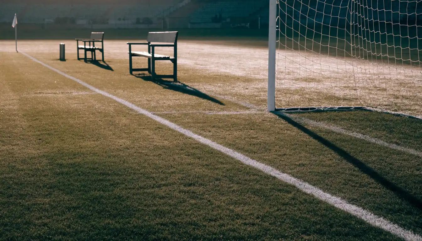 Ein Fußballplatz mit frisch gezogenen Kreidelinien im ersten Morgenlicht, leere Ersatzbänke am Spielfeldrand.