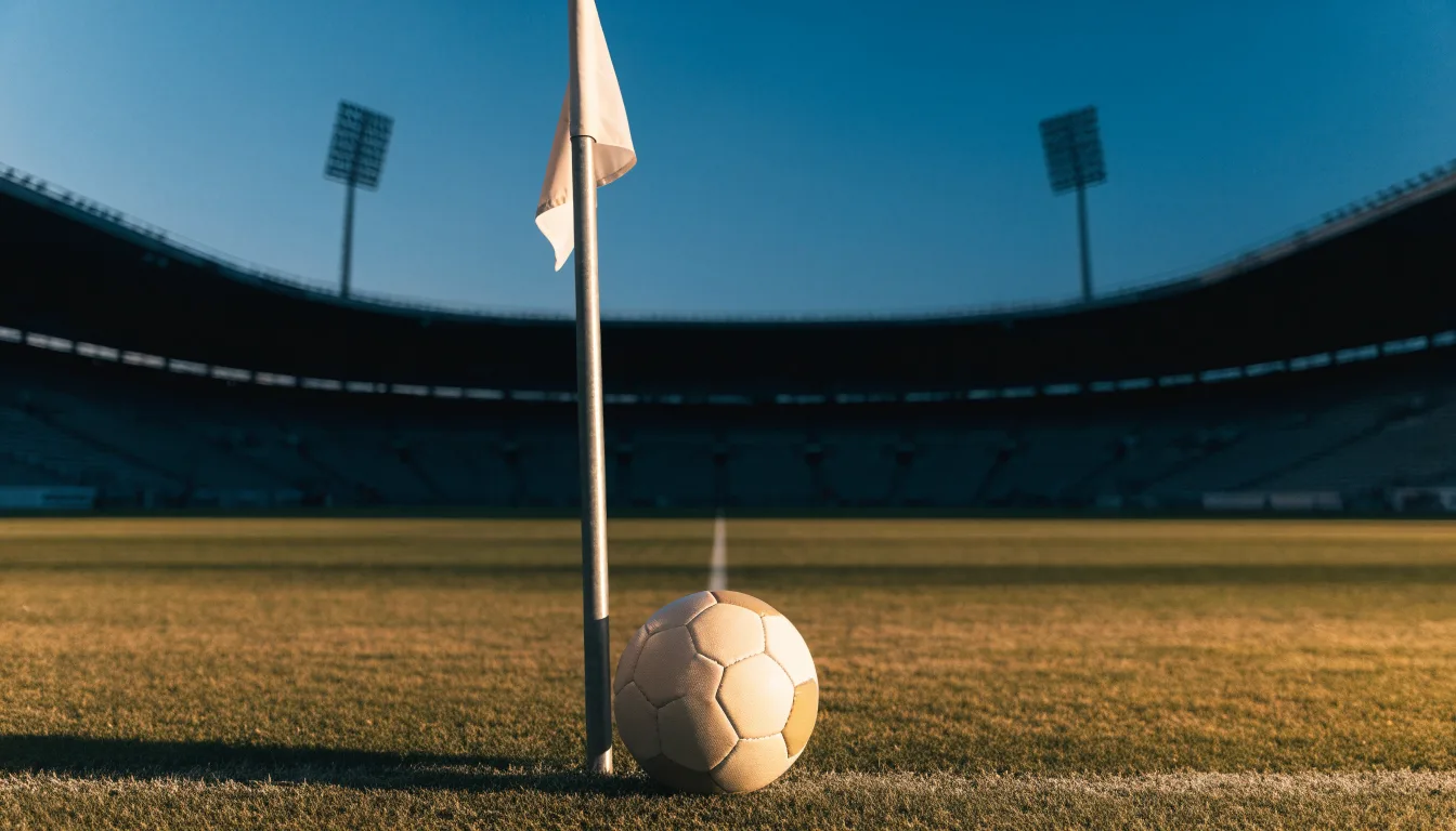 Ein Fußball liegt neben einem Eckfahnen-Pfosten auf einem Rasenplatz, im Hintergrund ein leeres Stadion in der Dämmerung.