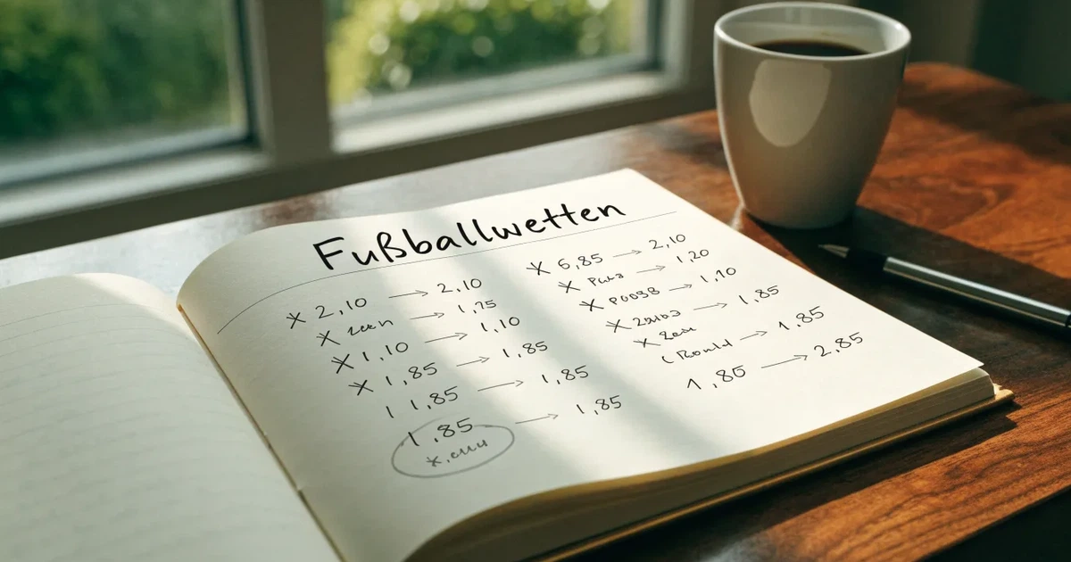 Ein aufgeklapptes Notizbuch mit handschriftlichen Pfeilen und Kreuzen liegt neben einem Kugelschreiber und einem Becher Kaffee auf einem Tisch am Fenster.