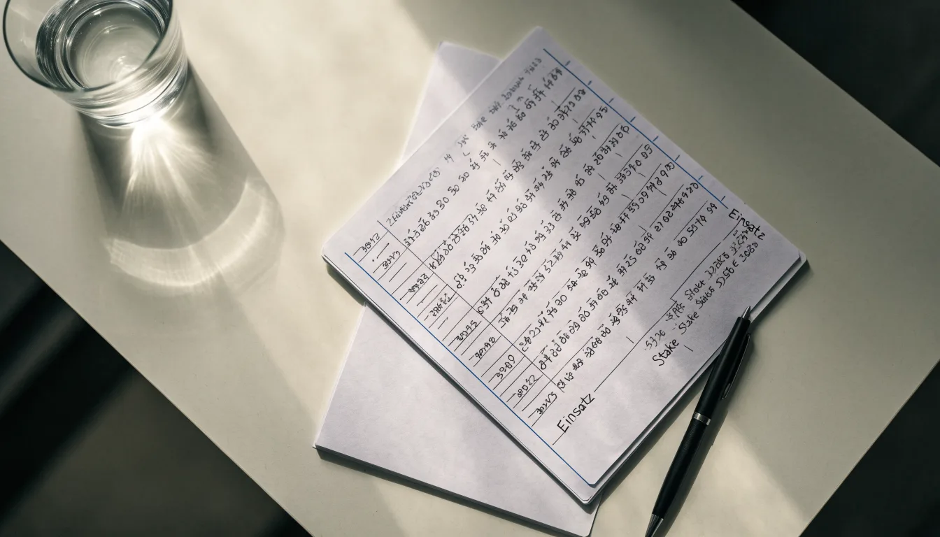Ein Taschenrechner liegt auf einem Schreibtisch neben einem Block mit handschriftlichen Rechnungen und einem Glas Wasser.