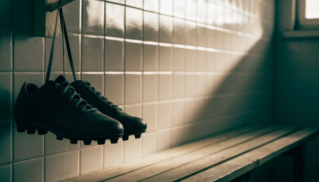 Ein Paar Fußballschuhe hängt an den Schnürsenkeln an einem Holzhaken in einer leeren Umkleidekabine.
