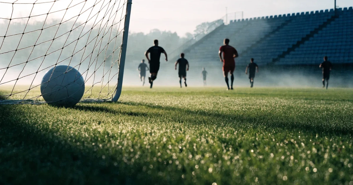 Ein Fußballplatz mit gepflegtem Rasen und einem Tor, über dem Spielfeld liegt Morgennebel, im Hintergrund eine leere Tribüne.