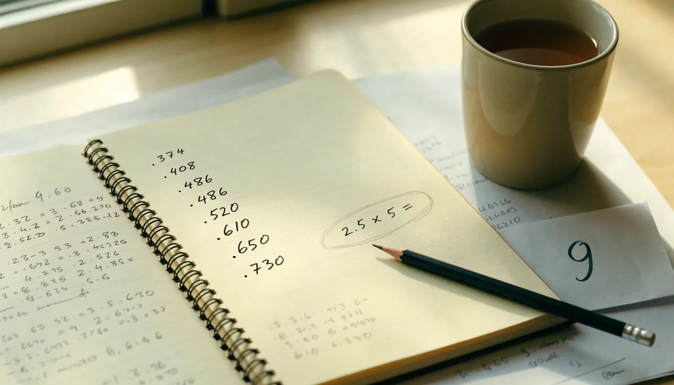 Ein Schreibtisch mit Taschenrechner, Bleistift und einem Block voller handschriftlicher Rechnungen, daneben eine Tasse Tee.