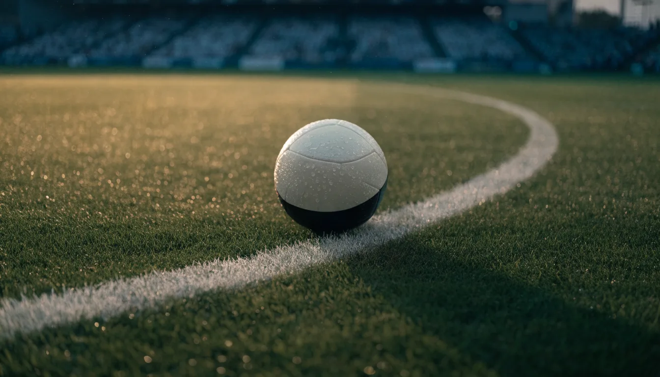 Ein Fußball liegt auf dem Rasen im Mittelkreis, die Kreidelinien führen scharf ins Bild, dahinter verschwimmt eine Tribüne.
