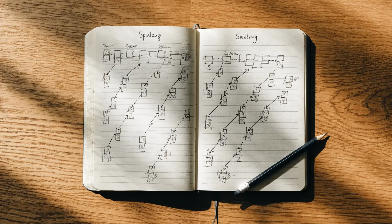 Ein aufgeschlagenes Notizbuch mit handschriftlichen Skizzen von Spielzügen liegt neben einem Kugelschreiber auf einem Holztisch.