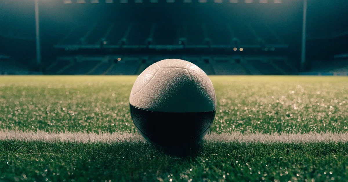 Ein Fußball liegt auf dem Rasen eines leeren Stadions bei Flutlicht, im Hintergrund unscharfe Tribünen ohne erkennbare Beschriftung.