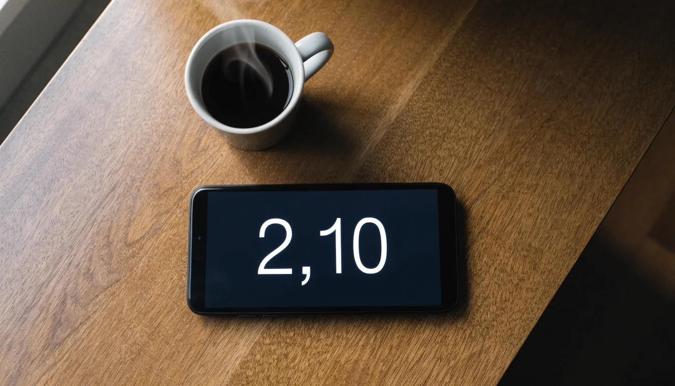 Ein Smartphone mit dunklem Display liegt neben einer Kaffeetasse auf einem Holztisch im Licht eines Fensters.