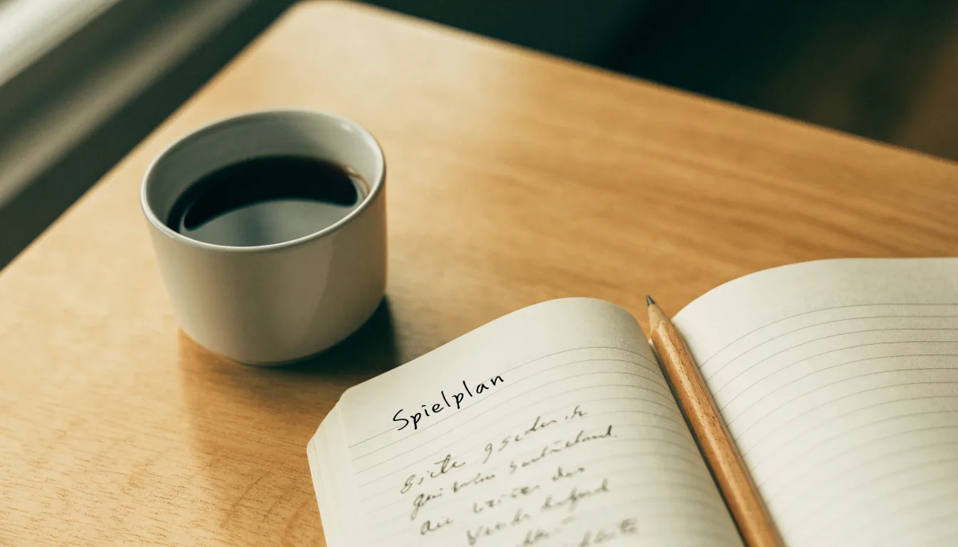 Ein aufgeschlagenes Notizbuch mit handgeschriebenen Stichpunkten und ein Bleistift liegen neben einer Kaffeetasse auf einem hellen Holztisch.