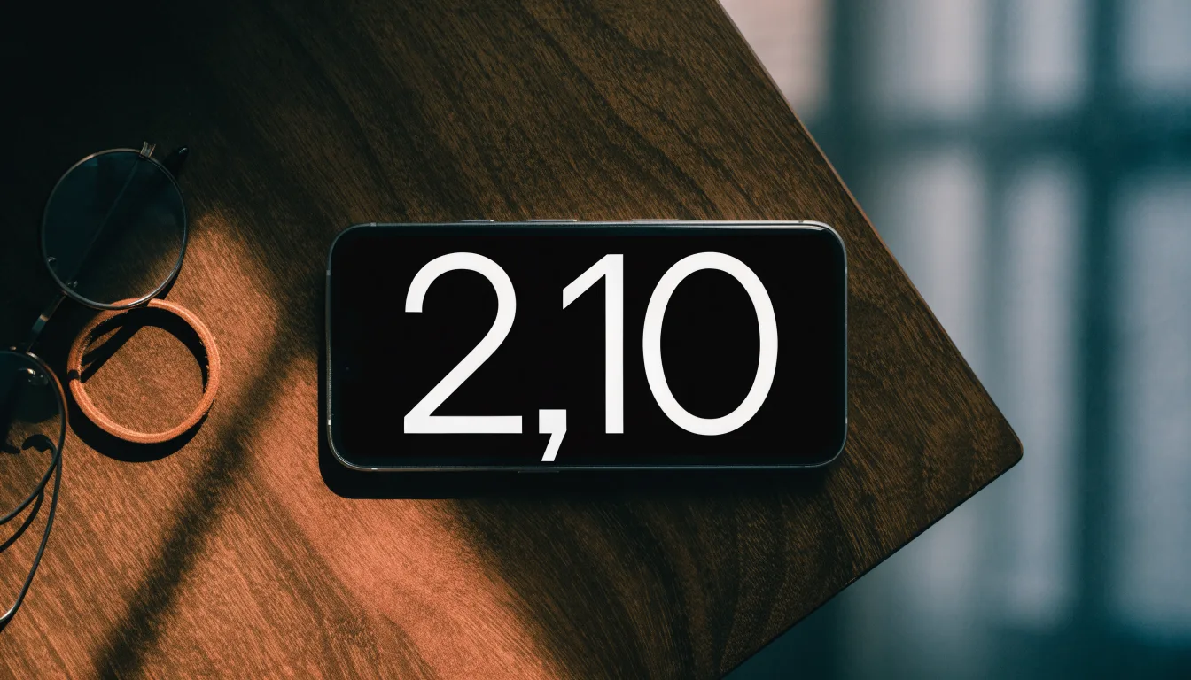 Ein Smartphone liegt mit dunklem Display auf einem Holztisch neben einem Schlüsselbund und einer Brille im Licht eines Fensters.