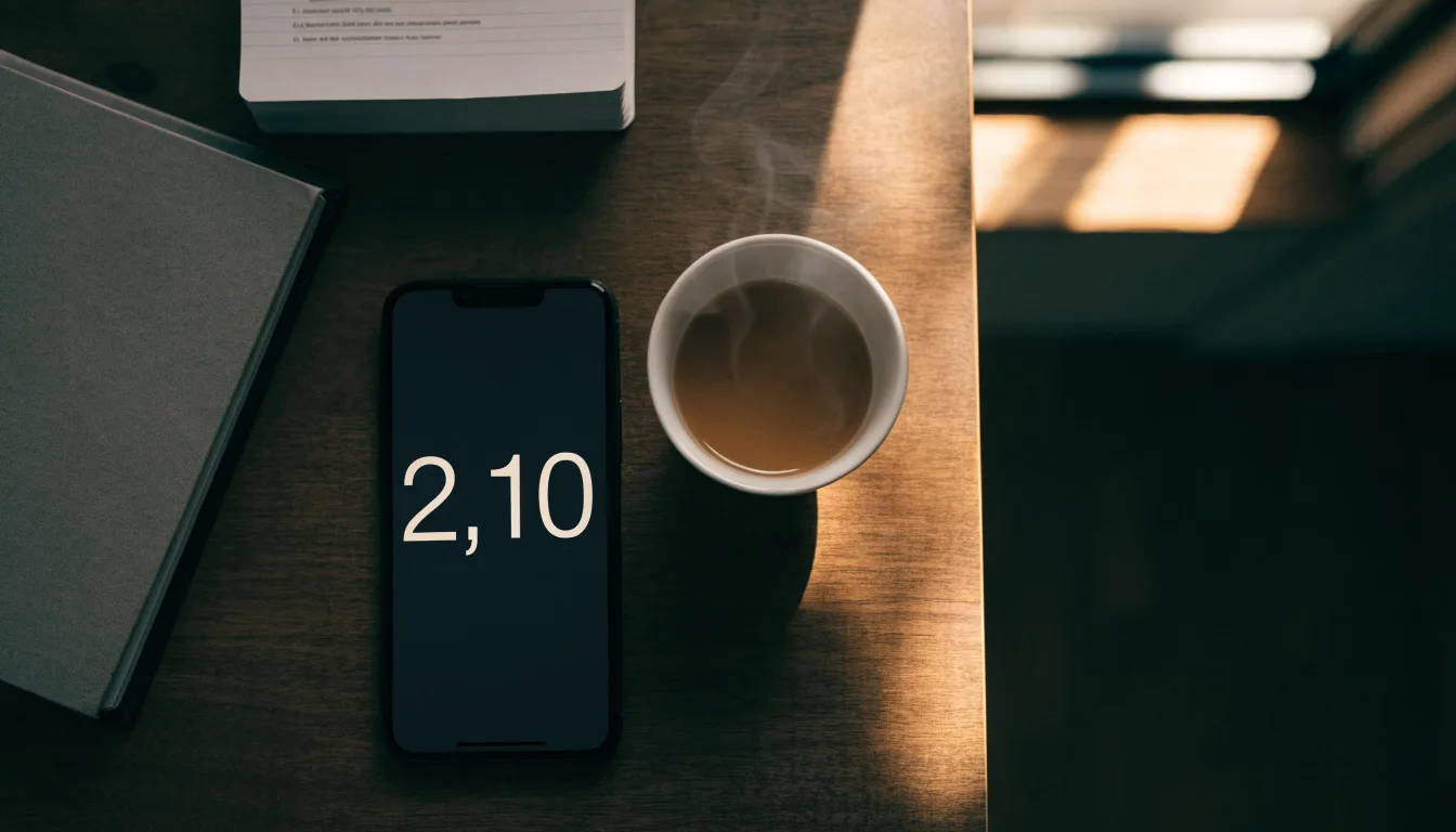 Ein Smartphone liegt mit dunklem Display auf einem Schreibtisch neben einem Notizbuch und einer Kaffeetasse.