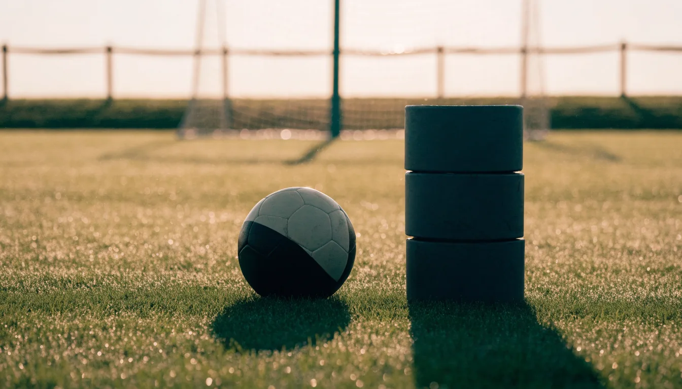 Ein Fußball liegt auf einem Rasenplatz bei Sonnenaufgang, daneben ein kleiner Stapel Trainingshütchen.