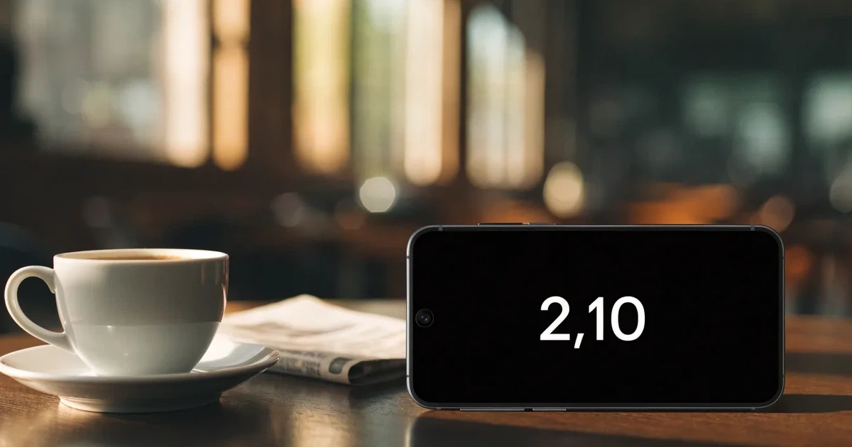 Eine Hand hält ein Smartphone mit dunklem Display, im Hintergrund unscharf ein Café-Tisch mit einer Tasse.
