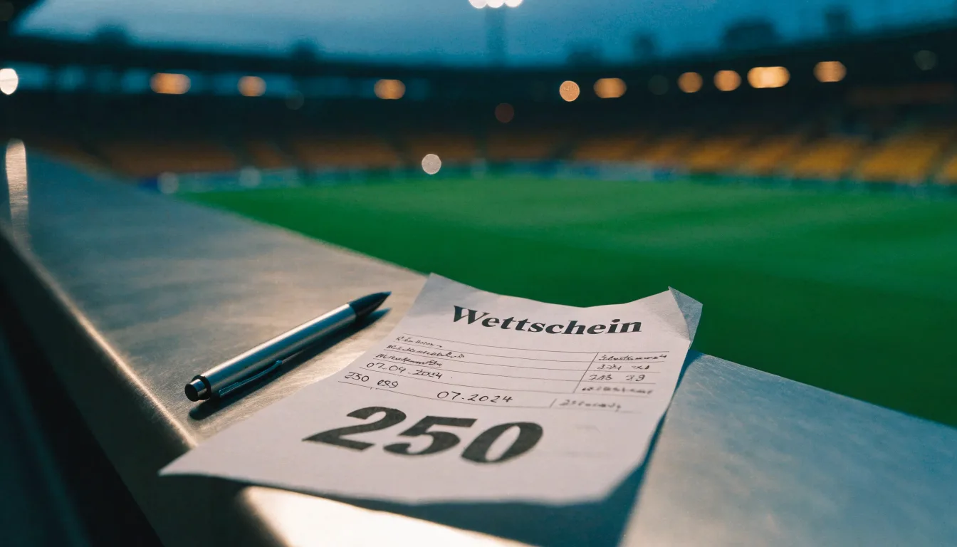 Eine leere Stadiontribüne unter Flutlicht aus der Ferne betrachtet, die Rasenfläche leuchtet grün in der Dämmerung.