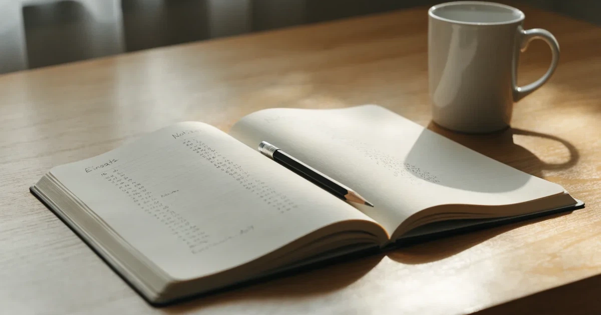 Handschriftliche Zahlenkolonnen in einem Notizbuch, daneben ein Bleistift und eine Tasse Kaffee auf hellem Holz.