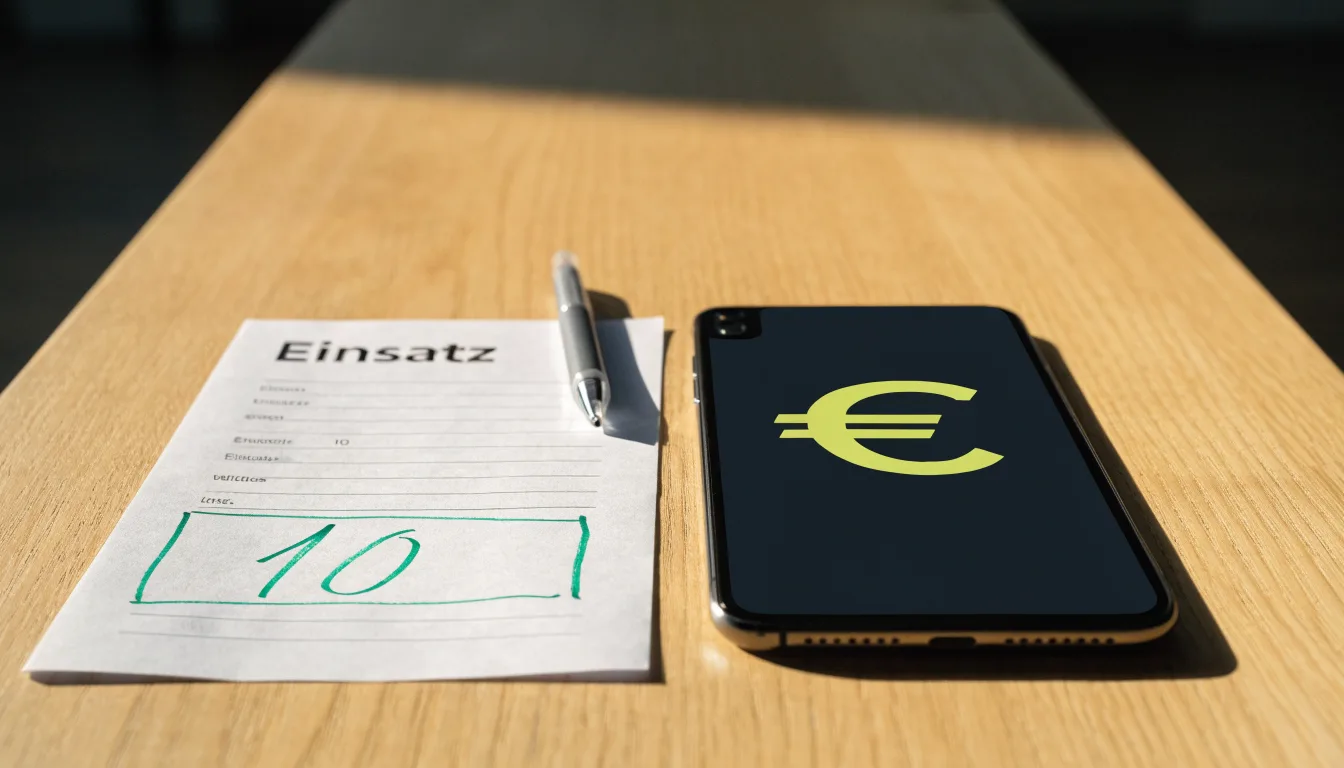 Ein leerer Wettschein aus Papier und ein Kugelschreiber liegen auf einem Schreibtisch neben einer Lupe.