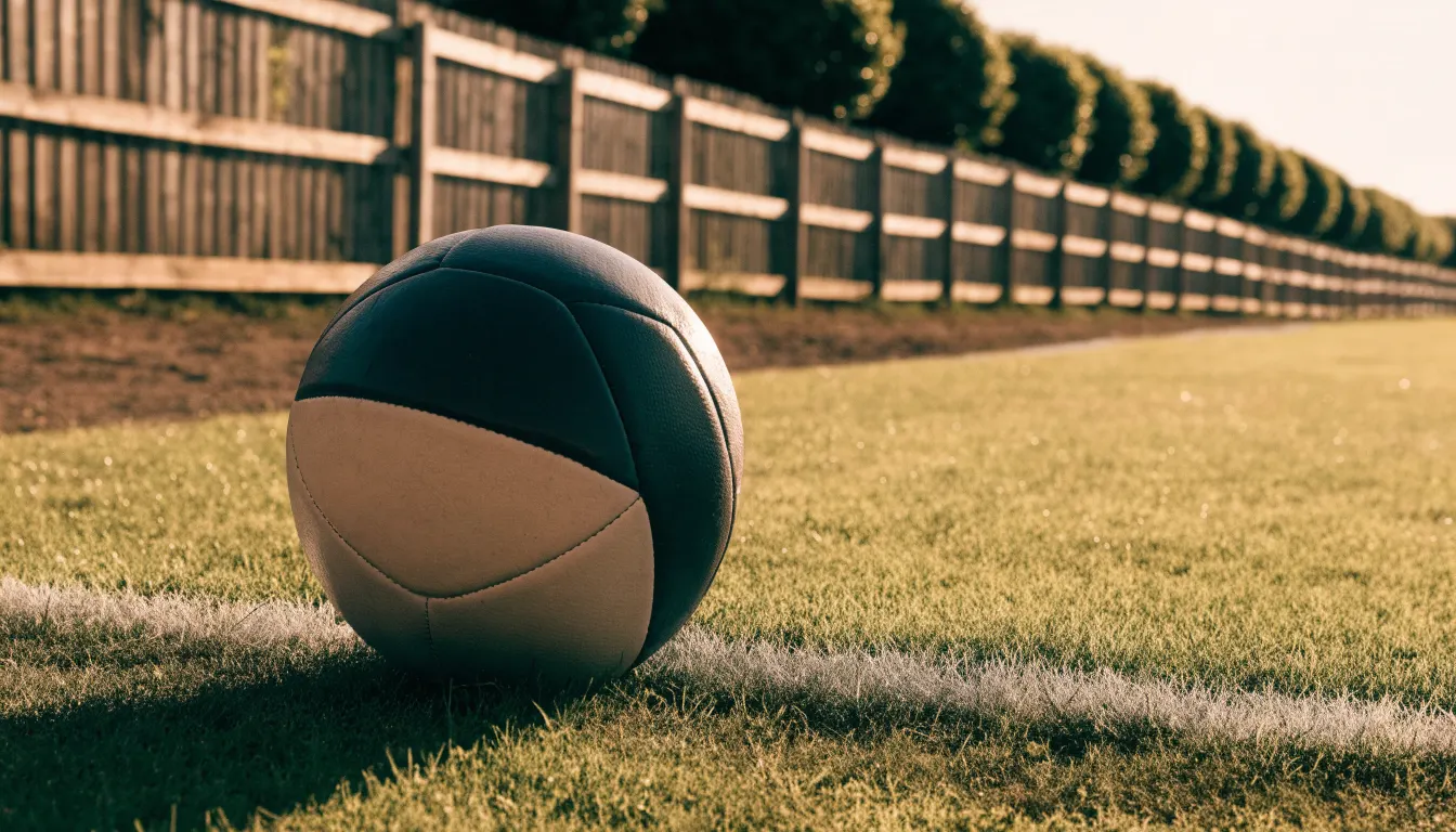 Ein Fußball liegt am Rand eines Rasens neben einer weißen Linie, im Hintergrund ein Zaun in der Abendsonne.