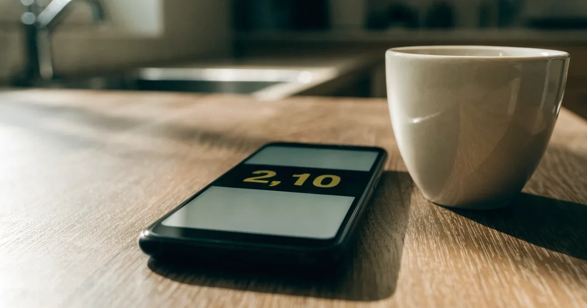 Ein Daumen schwebt über einem Smartphone mit dunklem Display, das auf einem Küchentisch neben einer Tasse liegt.