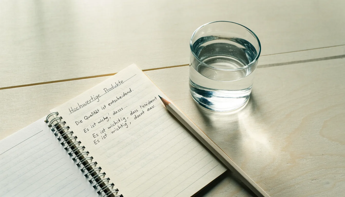 Ein Notizbuch und ein Bleistift liegen neben einem Glas Wasser auf einem hellen Tisch.